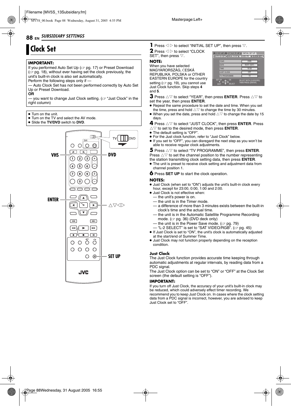 Clock set, Pg. 88), Subsidiary settings | Enter vhs set up dvd | JVC DR-MV5SE User Manual | Page 88 / 100