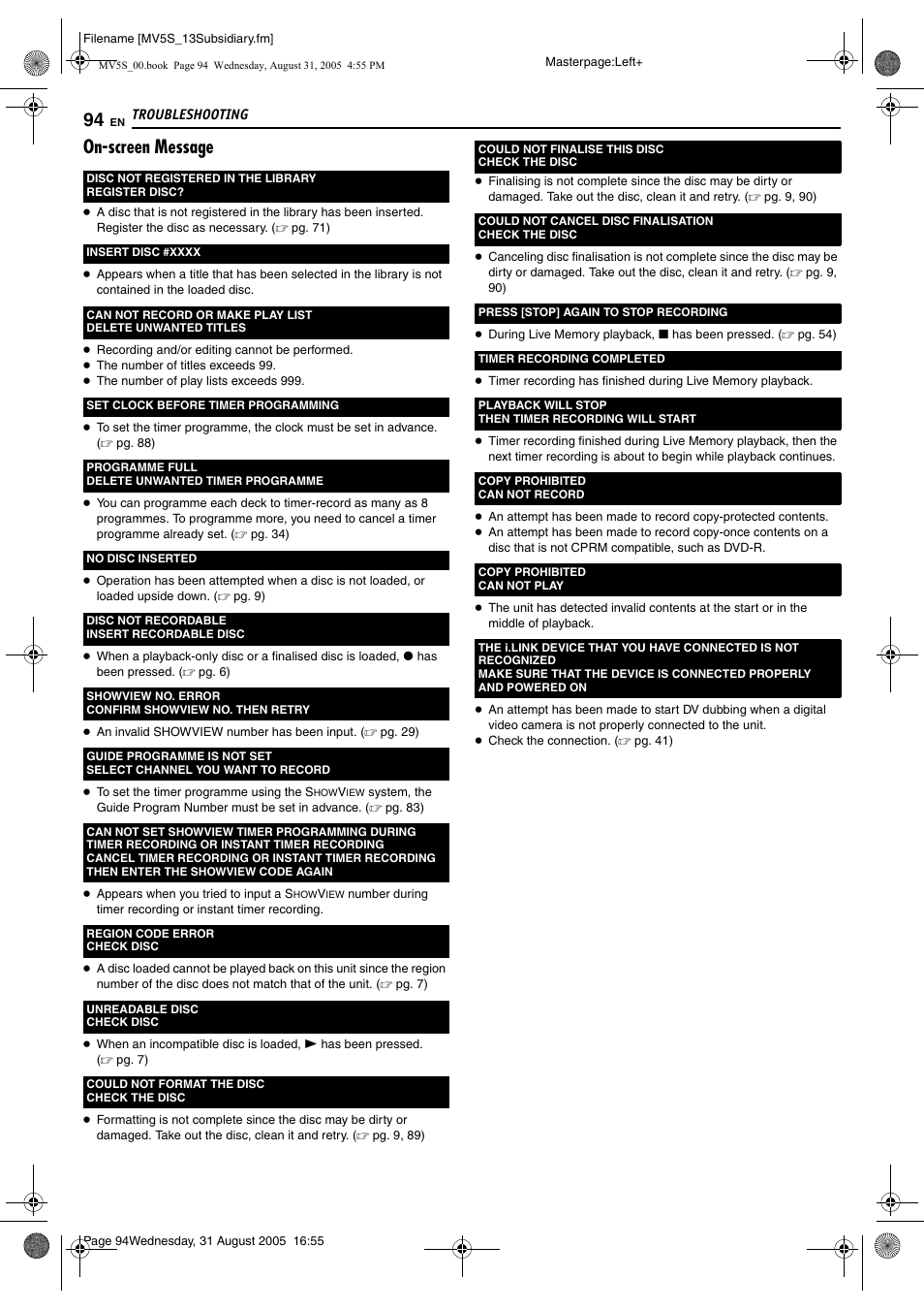 On-screen message | JVC DR-MV5SE User Manual | Page 94 / 100