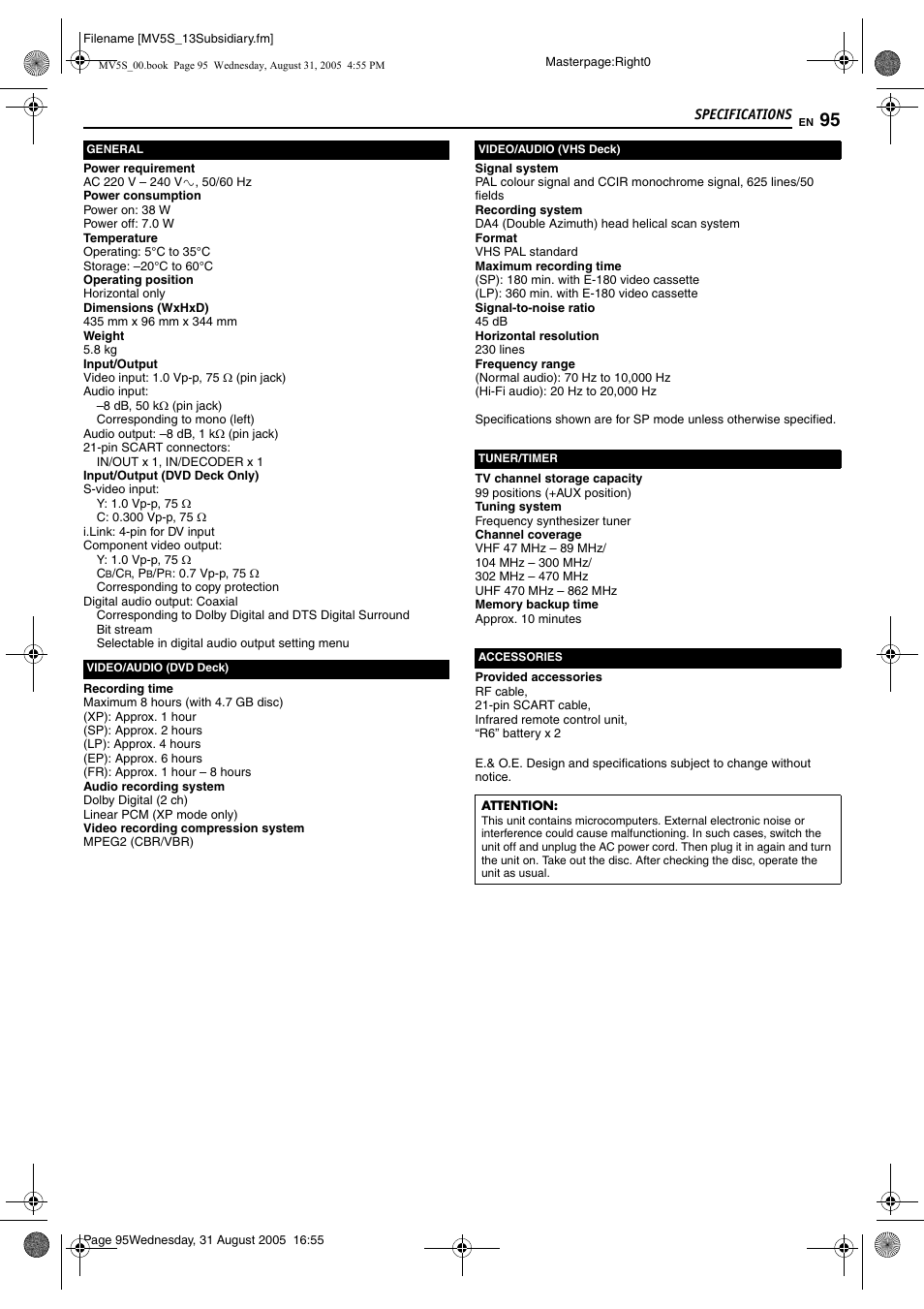 Specifications, In “specifications” on | JVC DR-MV5SE User Manual | Page 95 / 100