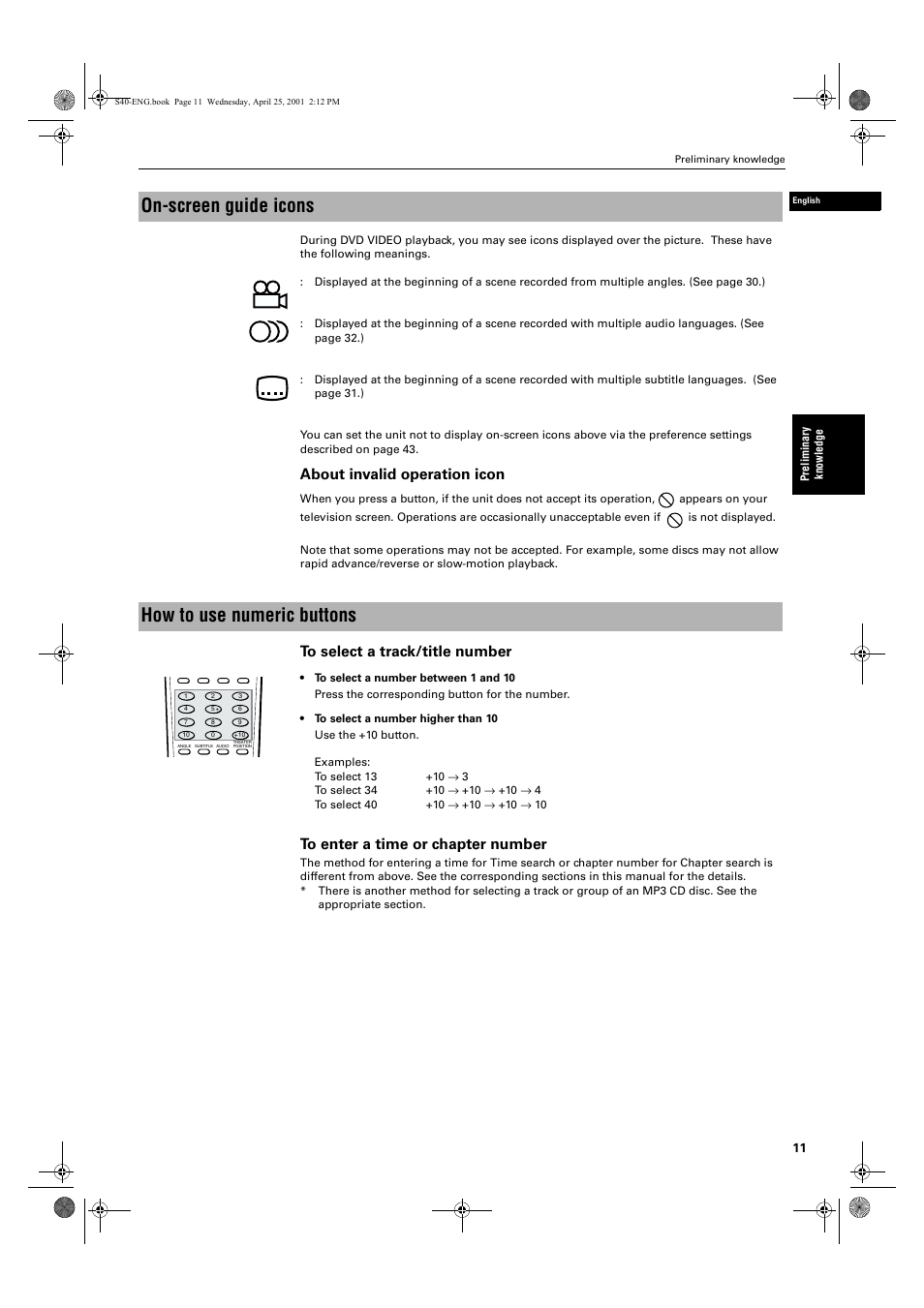 On-screen guide icons, How to use numeric buttons, About invalid operation icon | JVC XV-S42SL User Manual | Page 13 / 55