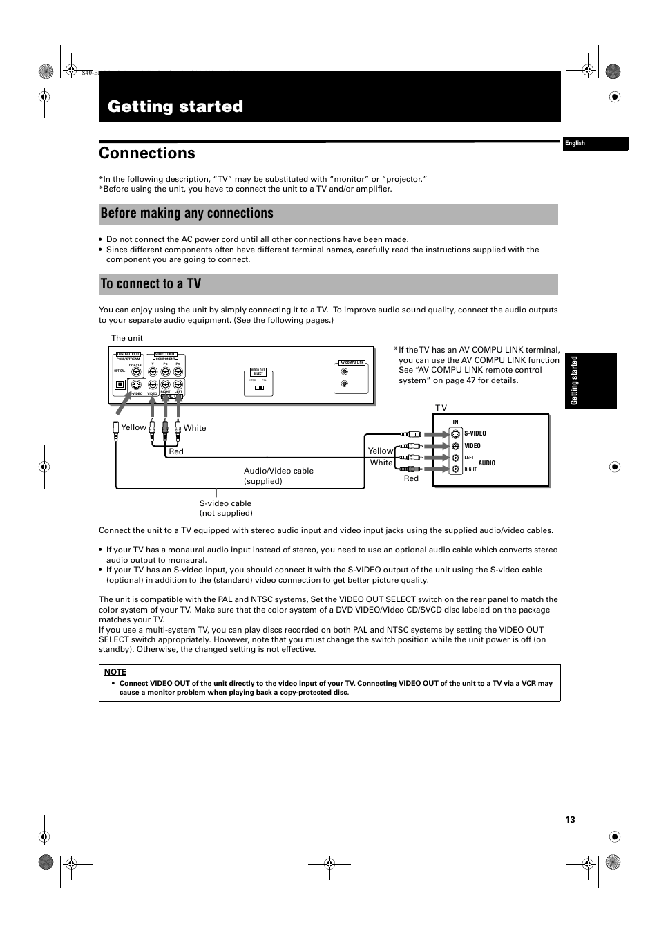 Getting started, Getting started connections, Before making any connections to connect to a tv | JVC XV-S42SL User Manual | Page 15 / 55