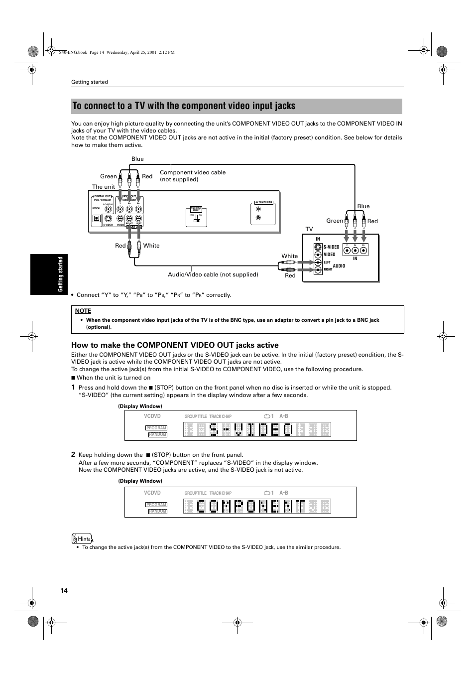 How to make the component video out jacks active | JVC XV-S42SL User Manual | Page 16 / 55