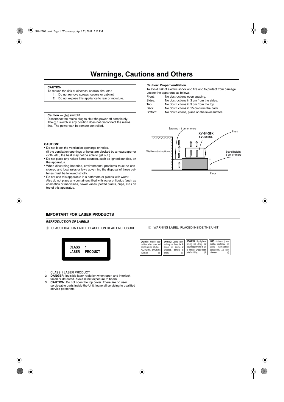 Warnings, Warnings, cautions and others | JVC XV-S42SL User Manual | Page 2 / 55