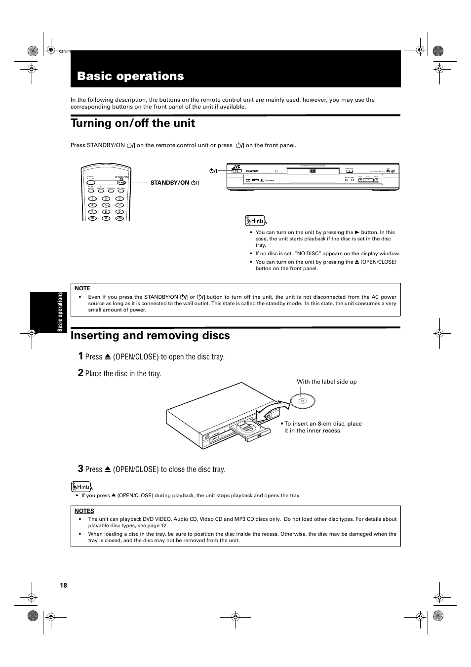 Basic operations, Turning on/off the unit, Inserting and removing discs | Press 0 (open/close) to open the disc tray, Place the disc in the tray, Press 0 (open/close) to close the disc tray | JVC XV-S42SL User Manual | Page 20 / 55