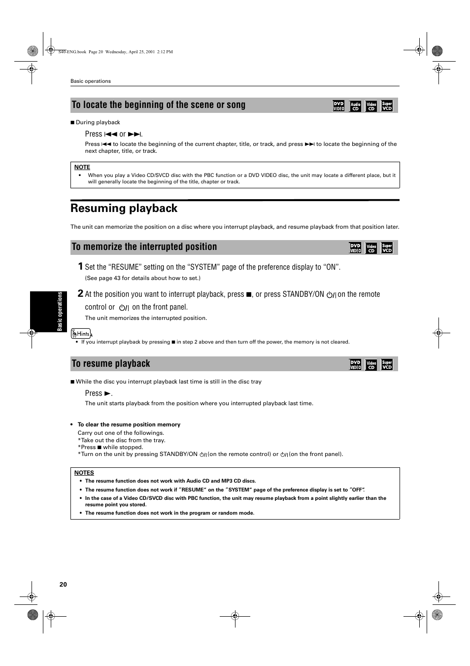 Resuming playback | JVC XV-S42SL User Manual | Page 22 / 55