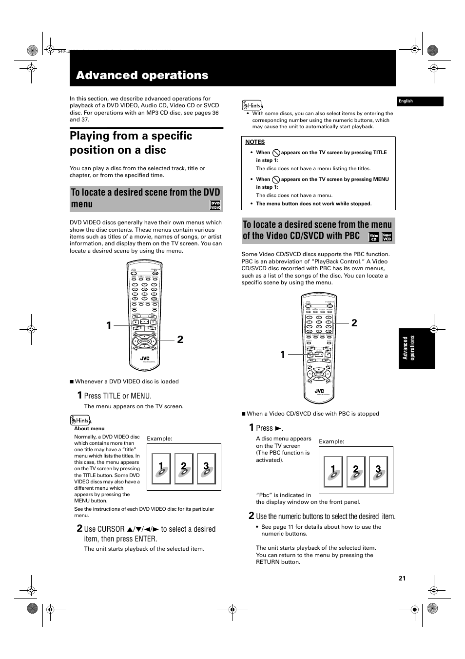 Advanced operations, Playing from a specific position on a disc, Press title or menu | Press 3, Use the numeric buttons to select the desired item, Ad va nc e d op er a tio ns, The menu appears on the tv screen, The unit starts playback of the selected item, Example | JVC XV-S42SL User Manual | Page 23 / 55