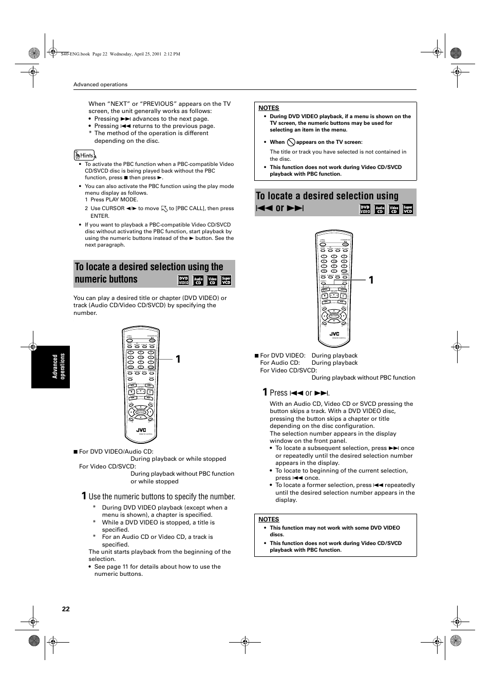 Use the numeric buttons to specify the number, Press 4 or, Advanced operations | JVC XV-S42SL User Manual | Page 24 / 55