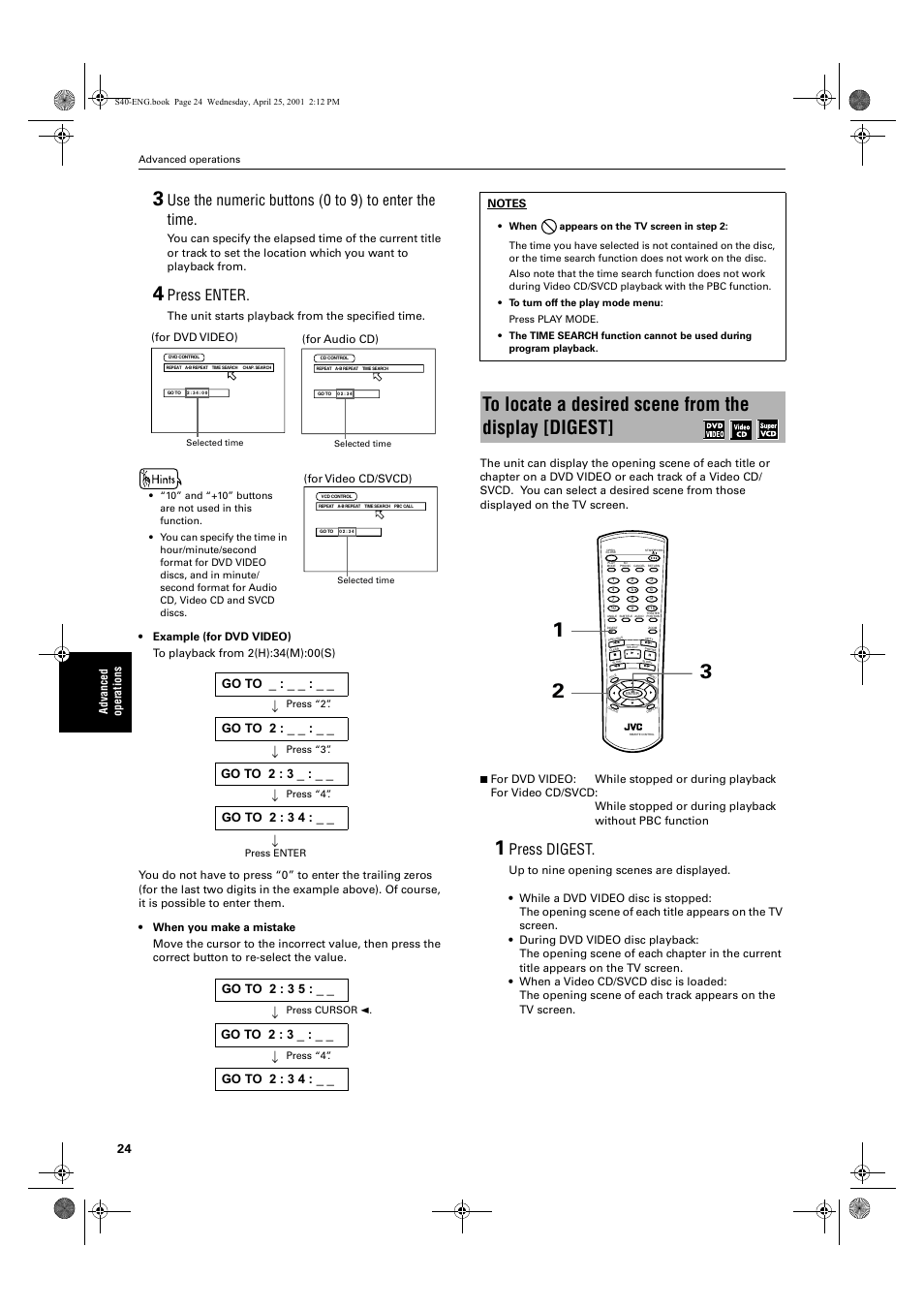 Use the numeric buttons (0 to 9) to enter the time, Press enter, Press digest | JVC XV-S42SL User Manual | Page 26 / 55