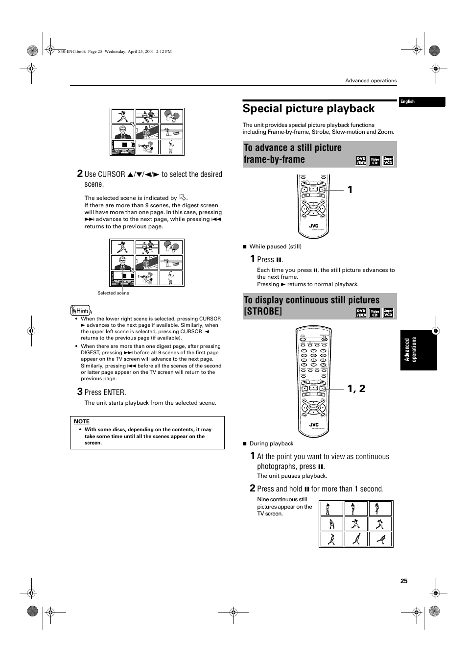 Special picture playback, Use cursor 5/∞/2/3 to select the desired scene, Press enter | Press 8, Press and hold 8 for more than 1 second, Ad va nc e d op er a tio ns, The unit starts playback from the selected scene, The unit pauses playback | JVC XV-S42SL User Manual | Page 27 / 55