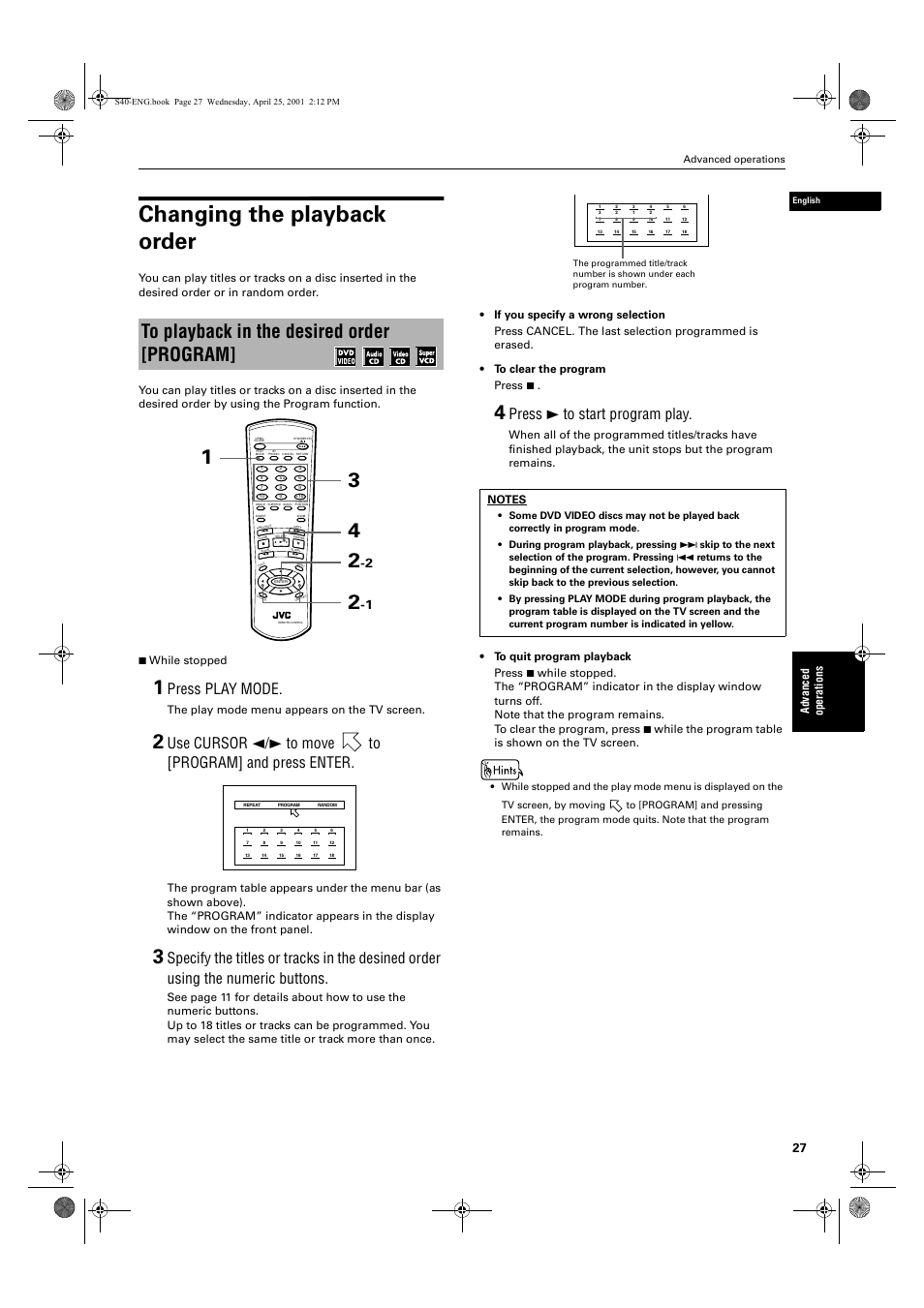 Changing the playback order, Press play mode, Press 3 to start program play | Ad va nc e d op er a tio ns, The play mode menu appears on the tv screen | JVC XV-S42SL User Manual | Page 29 / 55