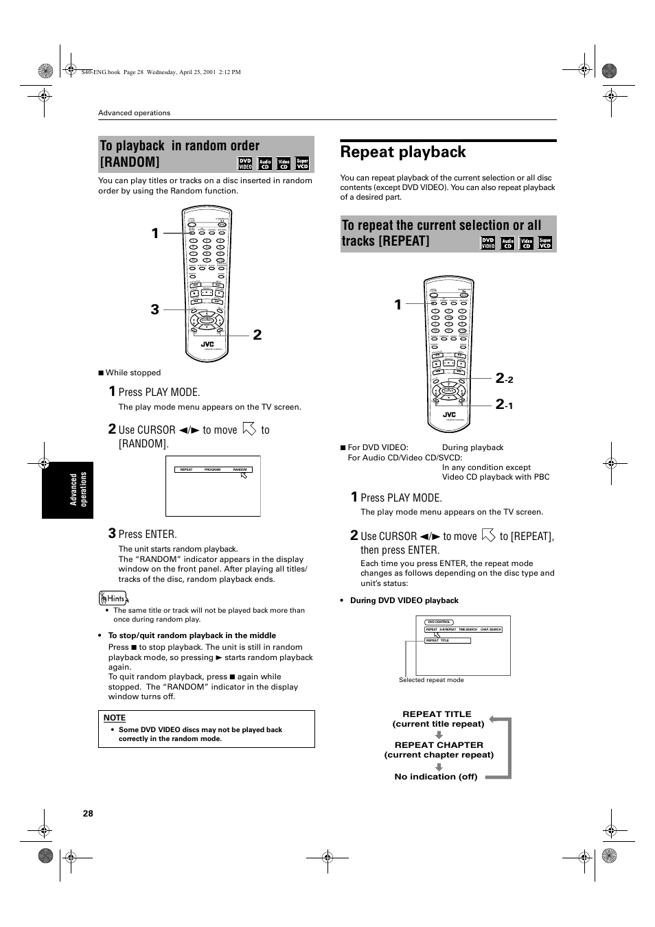 Repeat playback, Press play mode, Use cursor 2/3 to move to [random | Press enter, The play mode menu appears on the tv screen | JVC XV-S42SL User Manual | Page 30 / 55