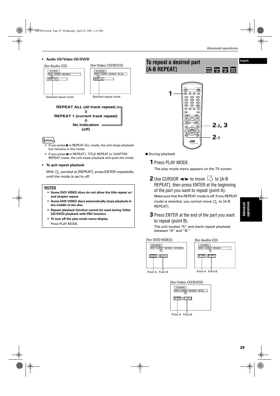 Press play mode, Ad va nc e d op er a tio ns, Audio cd/video cd/svcd | The play mode menu appears on the tv screen, For audio cd), For video cd/svcd), For dvd video) | JVC XV-S42SL User Manual | Page 31 / 55