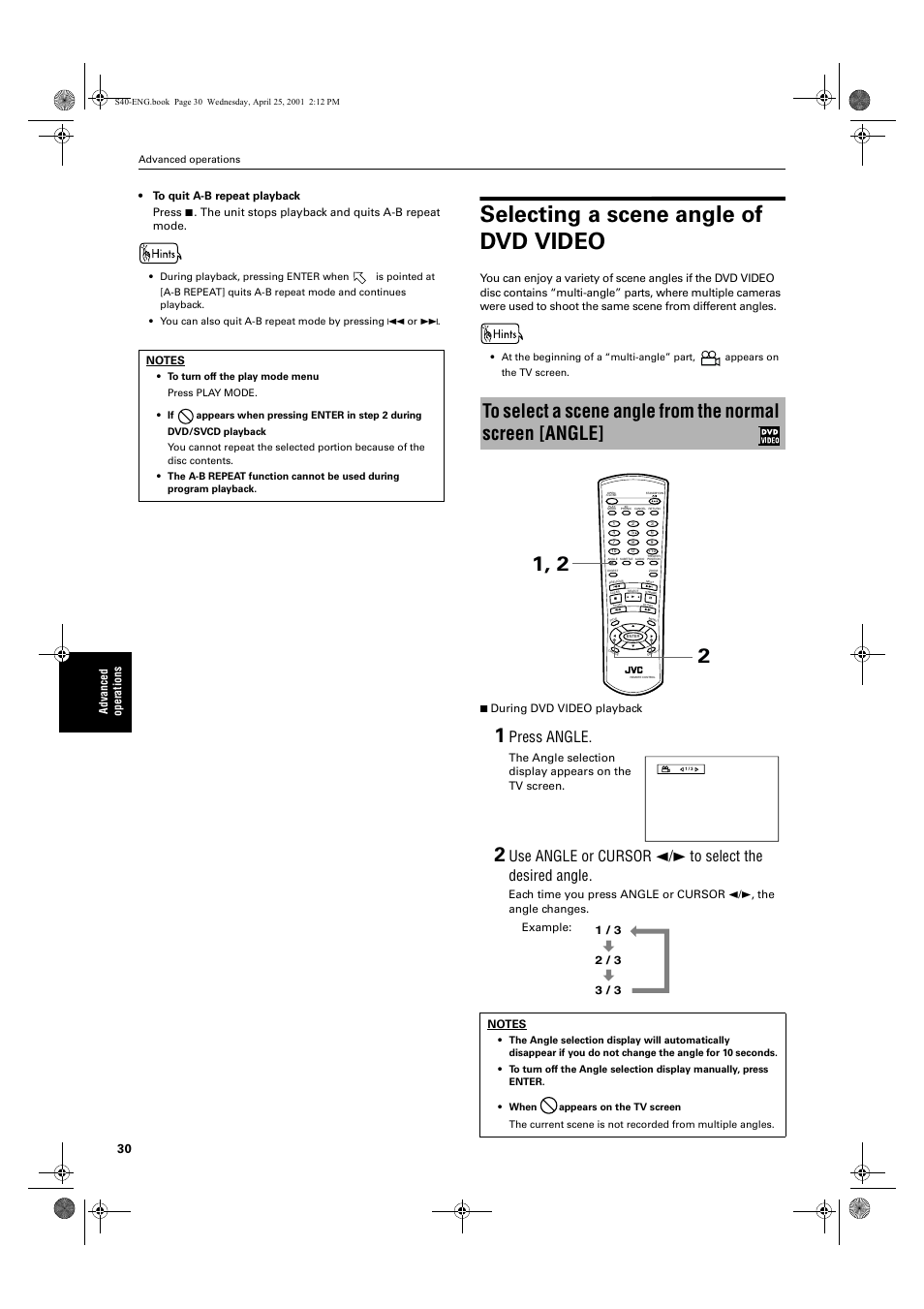 Selecting a scene angle of dvd video, Press angle, The unit stops playback and quits a-b repeat mode | 7 during dvd video playback | JVC XV-S42SL User Manual | Page 32 / 55