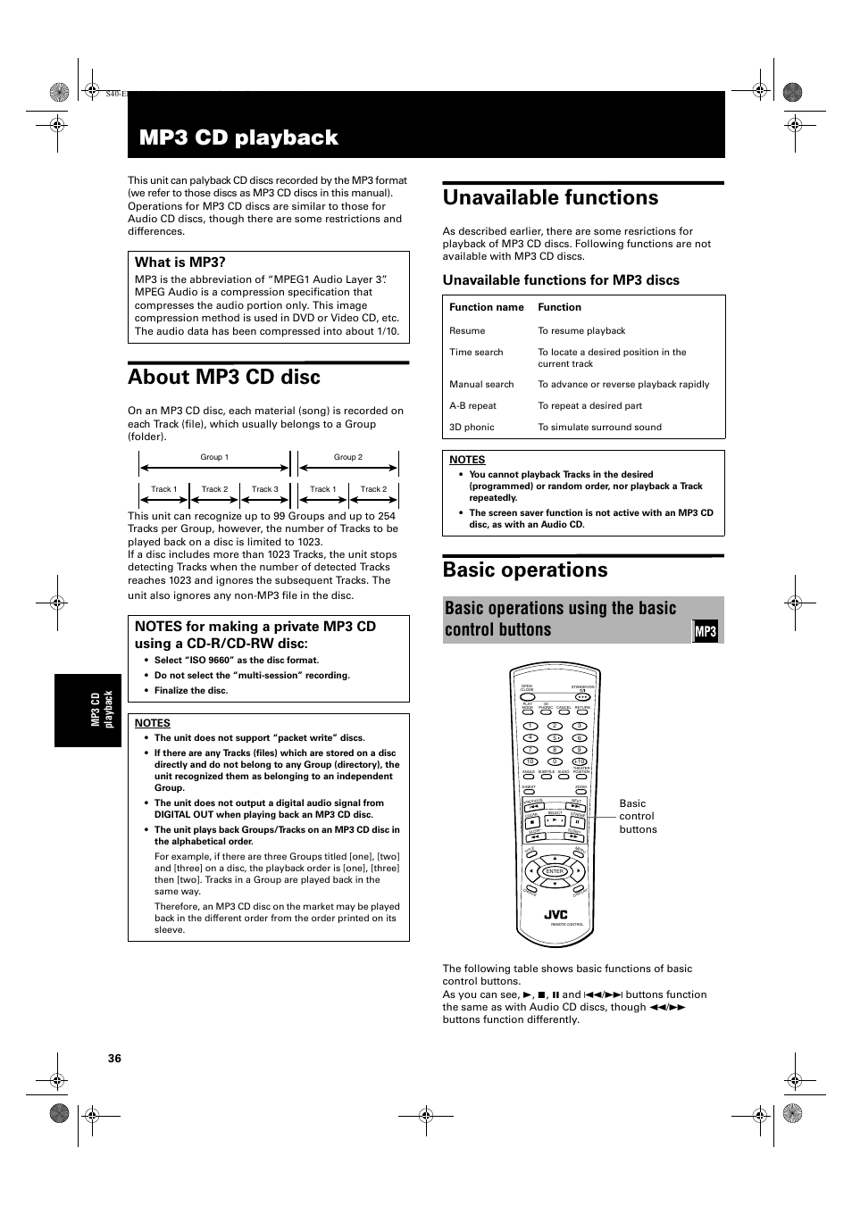 Mp3 cd playback, About mp3 cd disc, Unavailable functions | Basic operations, Basic operations using the basic control buttons, Unavailable functions for mp3 discs, What is mp3 | JVC XV-S42SL User Manual | Page 38 / 55