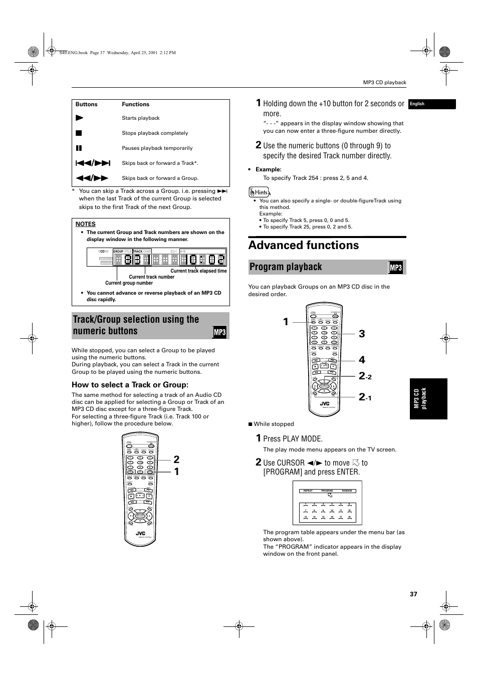 Advanced functions, Track/group selection using the numeric buttons, Program playback | How to select a track or group, Holding down the +10 button for 2 seconds or more, Press play mode, Mp 3 c d pl ay bac k, The play mode menu appears on the tv screen | JVC XV-S42SL User Manual | Page 39 / 55