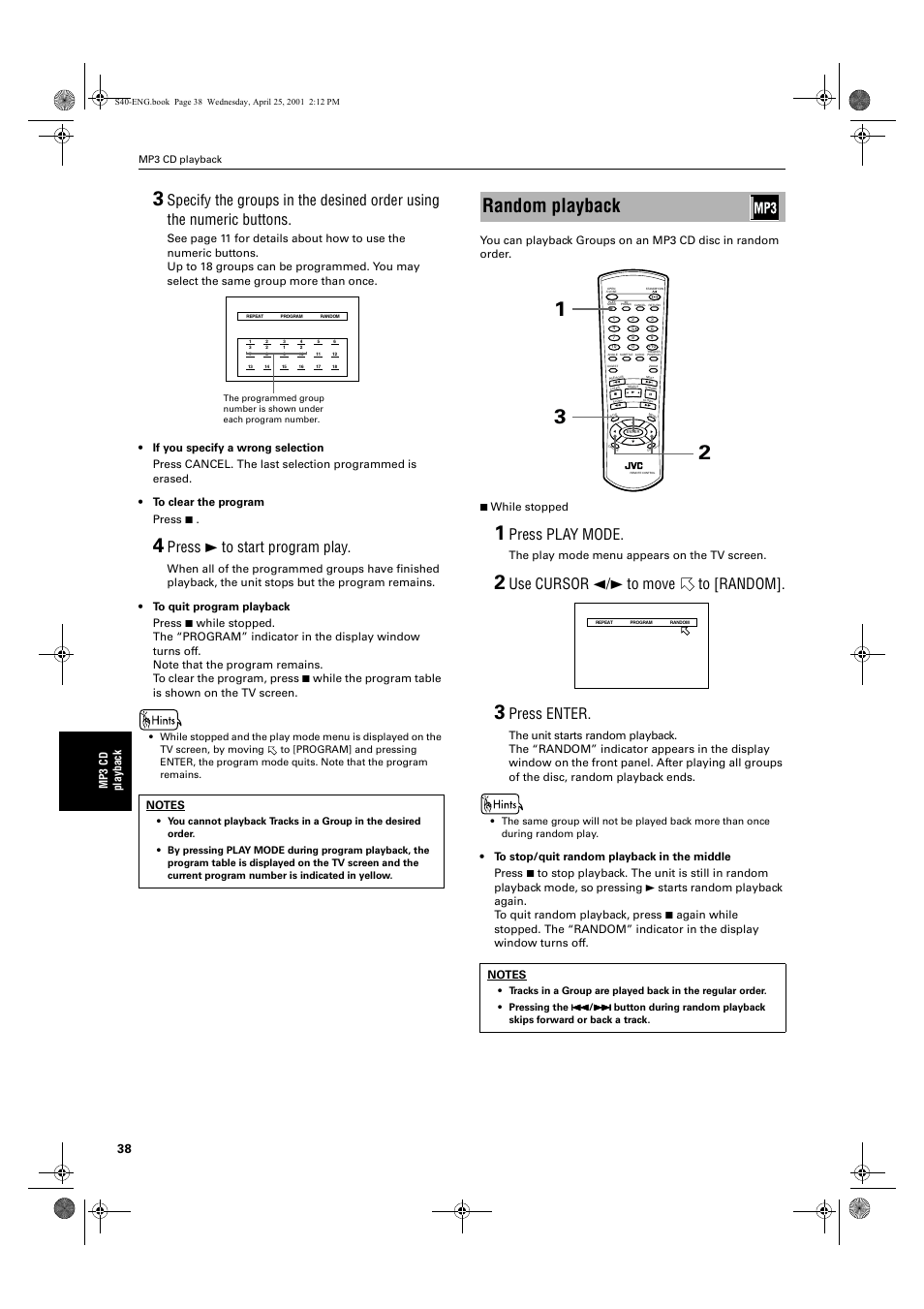 Random playback, Press 3 to start program play, Press play mode | Use cursor 2/3 to move to [random, Press enter, Mp 3 c d pl ay bac k, The play mode menu appears on the tv screen | JVC XV-S42SL User Manual | Page 40 / 55