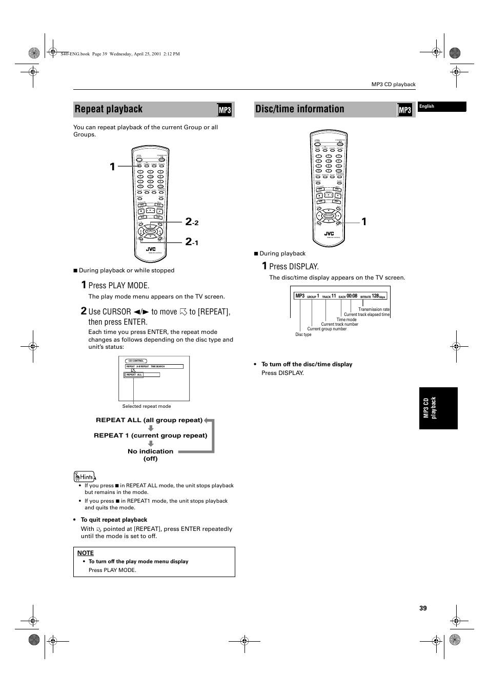 Repeat playback, Disc/time information, Press play mode | Press display, Mp 3 c d pl ay bac k, The play mode menu appears on the tv screen, Mp3 cd playback | JVC XV-S42SL User Manual | Page 41 / 55