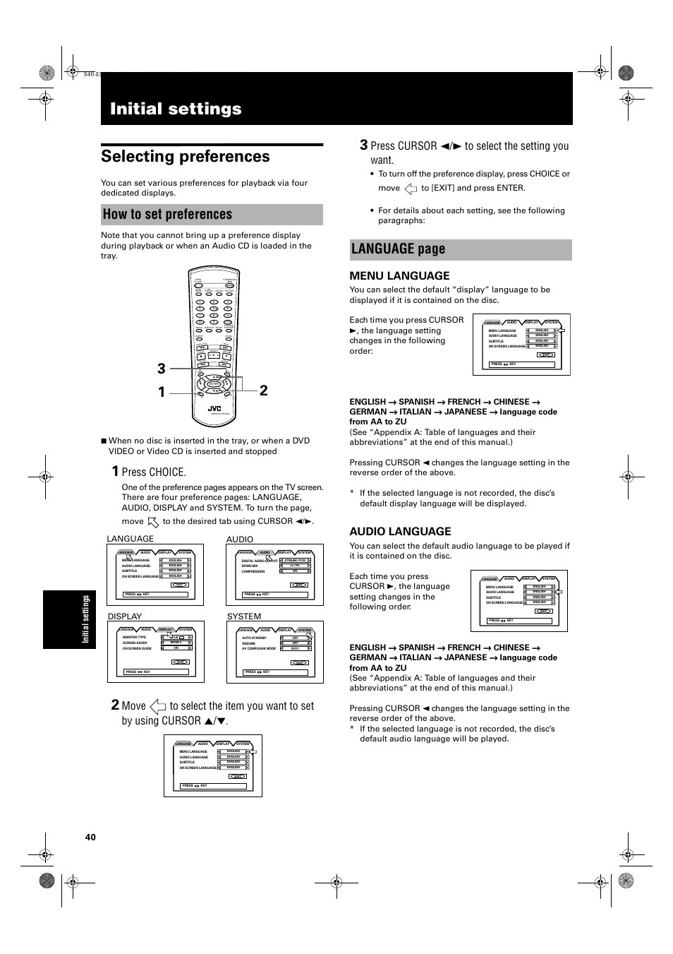 Initial settings, Initial settings selecting preferences, How to set preferences | Language page, Press choice, Press cursor 2/3 to select the setting you want, Menu language, Audio language, Init ial s e tti ng s, Language | JVC XV-S42SL User Manual | Page 42 / 55