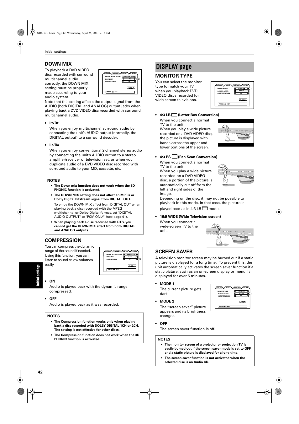 Display page, Down mix, Compression | Monitor type, Screen saver | JVC XV-S42SL User Manual | Page 44 / 55