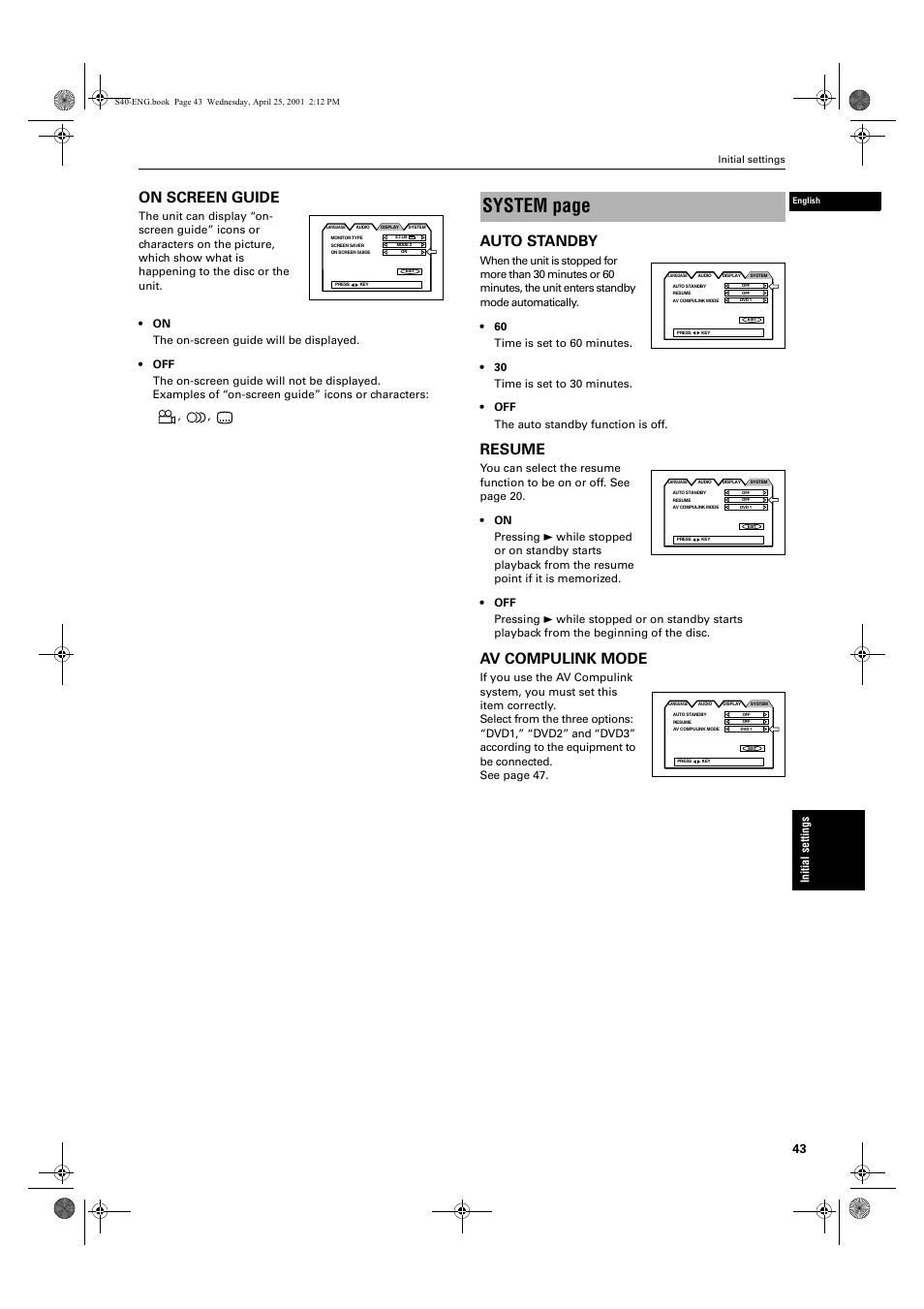 System page, On screen guide, Auto standby | Resume, Av compulink mode | JVC XV-S42SL User Manual | Page 45 / 55