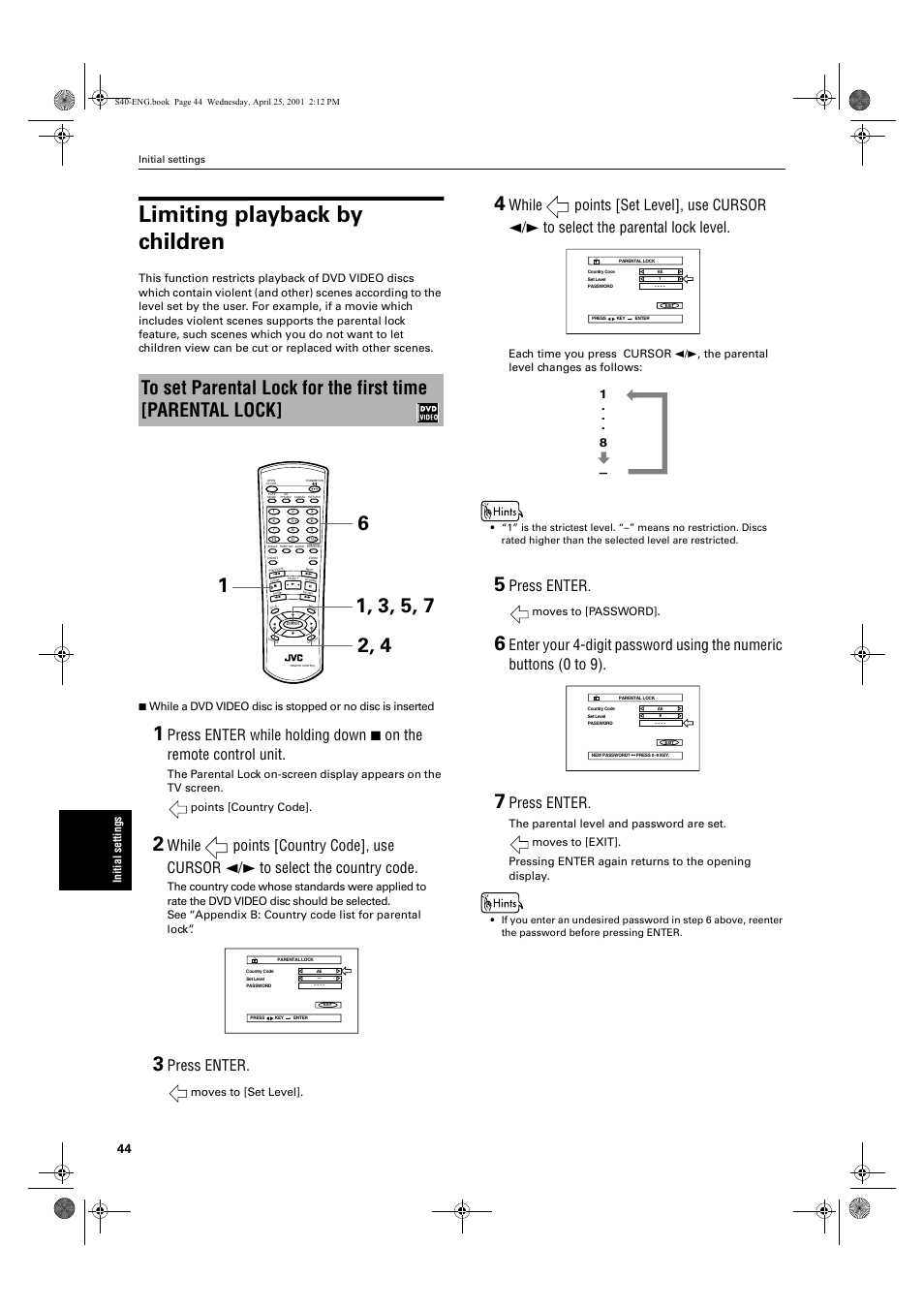 Limiting playback by children, Press enter, Init ial s e tti ng s | Moves to [set level, Moves to [password | JVC XV-S42SL User Manual | Page 46 / 55