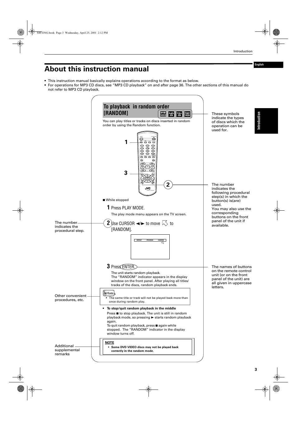 About this instruction manual, Press play mode, Use cursor 2/3 to move to [random | Press enter | JVC XV-S42SL User Manual | Page 5 / 55