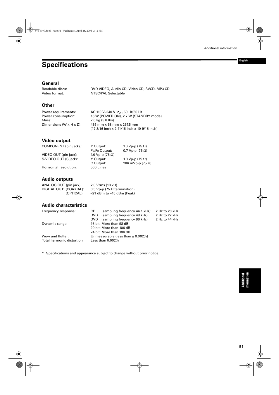 Specifications, General, Other | Video output, Audio outputs, Audio characteristics | JVC XV-S42SL User Manual | Page 53 / 55