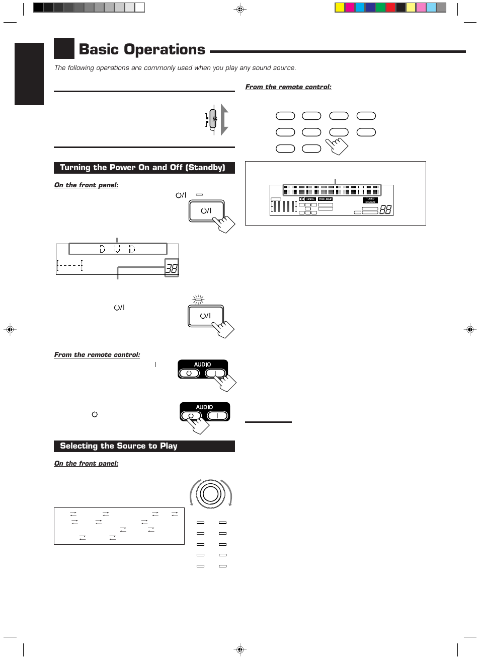 Basic operations, English, Turning the power on and off (standby) | Selecting the source to play | JVC RX-889PGD User Manual | Page 12 / 56