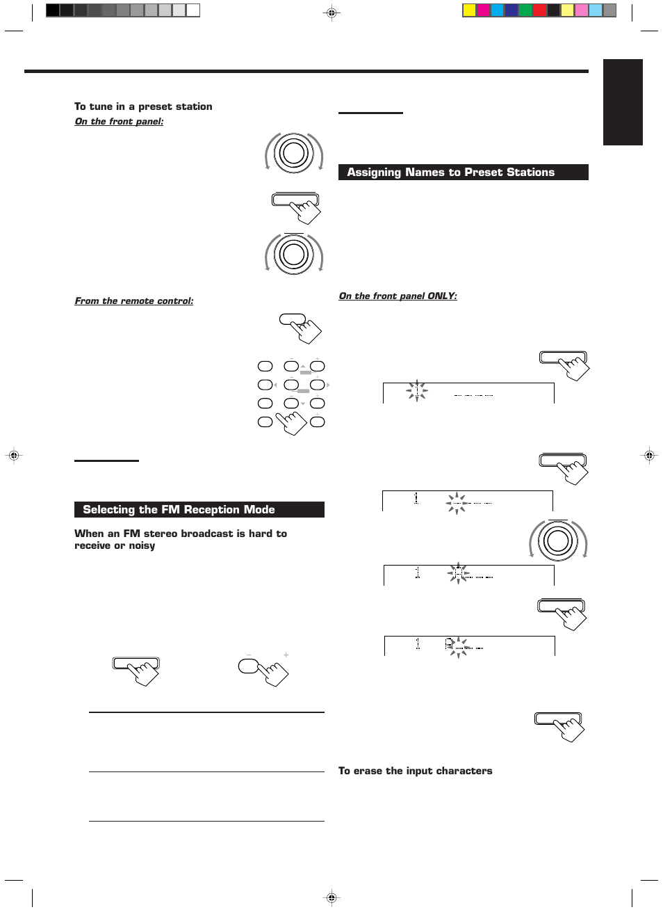 English, Turn source selector to select the band (fm or am), Press fm/am | Selecting the fm reception mode, Assigning names to preset stations, Tune in a preset station | JVC RX-889PGD User Manual | Page 21 / 56