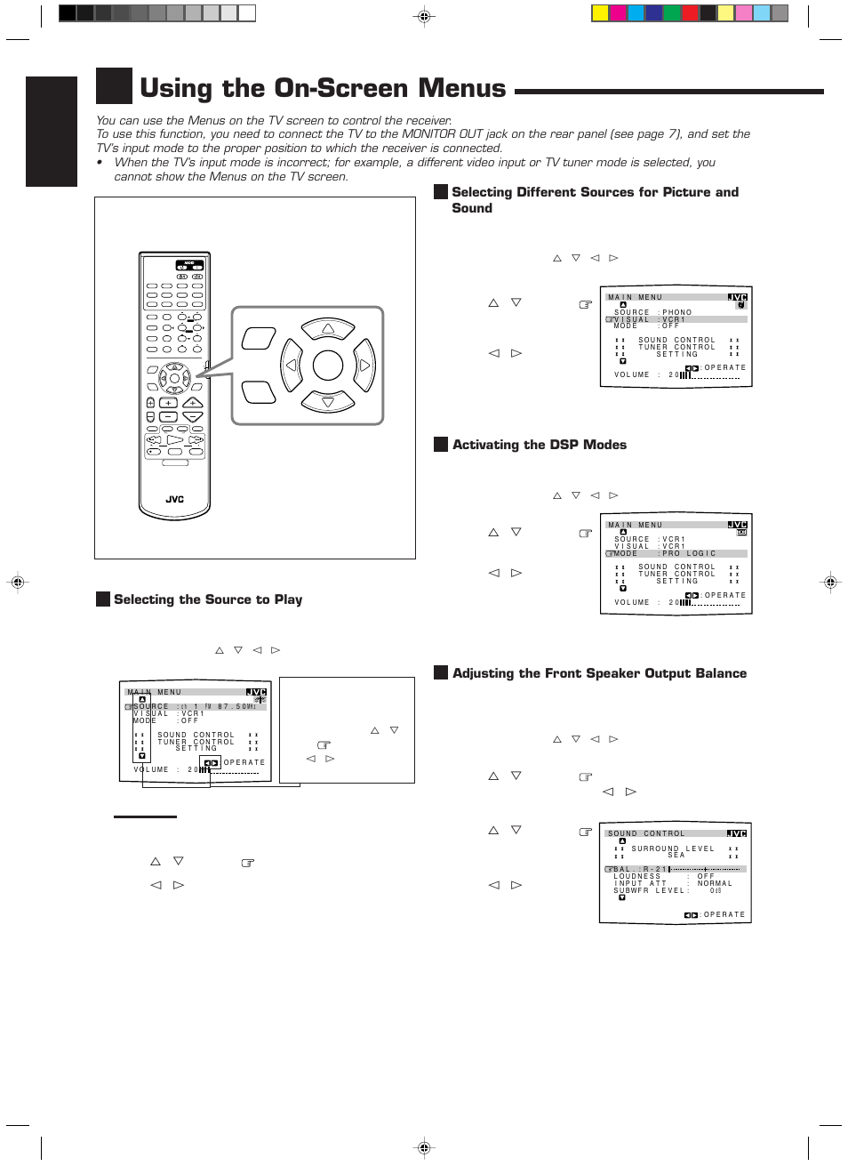 Using the on-screen menus, English, Press menu | Activating the dsp modes (also see page 27), When you finish, press exit, Selecting the source to play (also see page 9), The menu disappears from the tv, The sound control menu appears | JVC RX-889PGD User Manual | Page 34 / 56