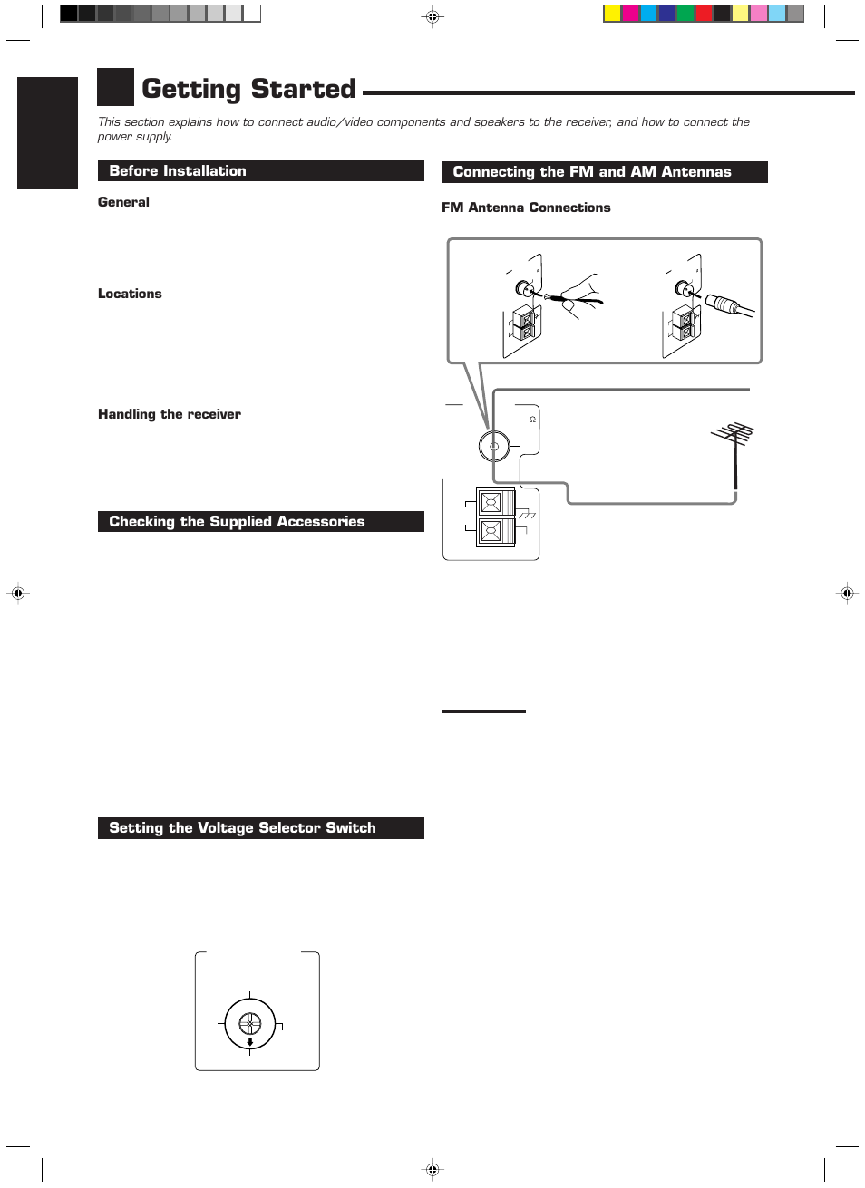 Getting started, English, Before installation | Checking the supplied accessories, Setting the voltage selector switch, Connecting the fm and am antennas, General, Locations, Handling the receiver, Fm antenna connections | JVC RX-889PGD User Manual | Page 6 / 56