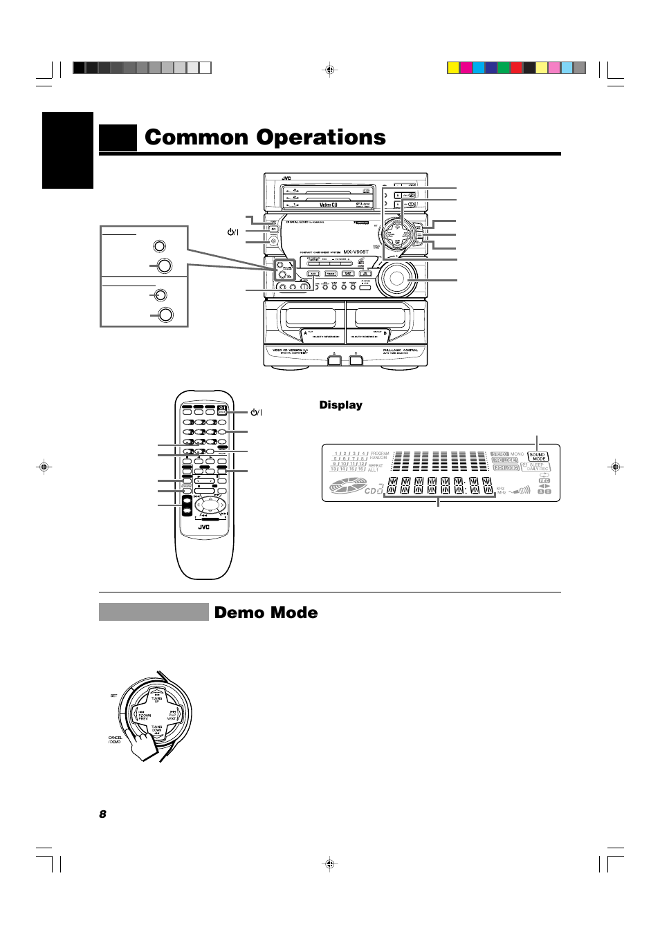 Common operations, Demo mode, 8english | Display, Volume standby indicator aux phones, S.a.bass display s.a.bass fade muting | JVC CA-V908T User Manual | Page 12 / 58