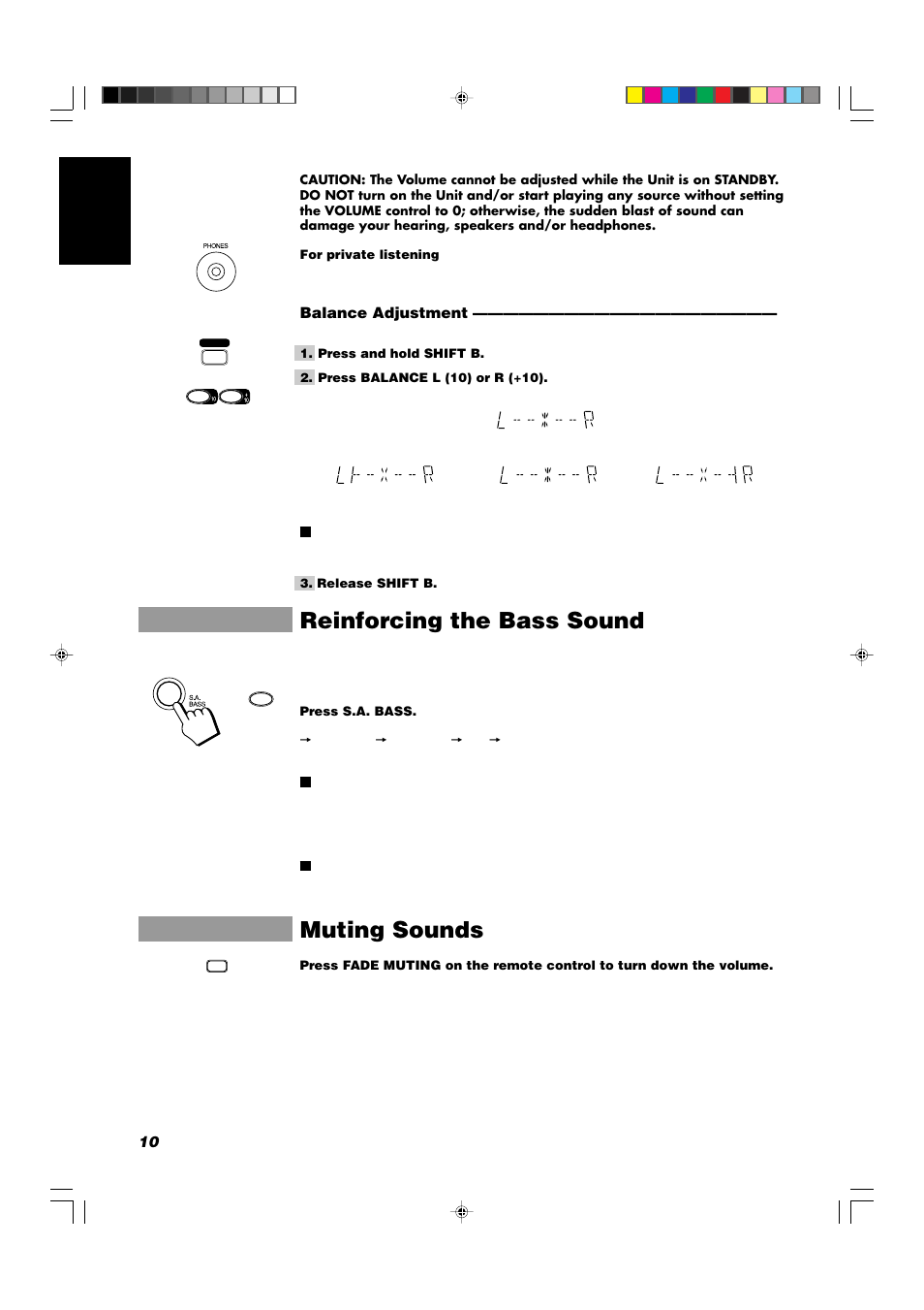 Reinforcing the bass sound, Muting sounds, 10 english | Balance adjustment | JVC CA-V908T User Manual | Page 14 / 58