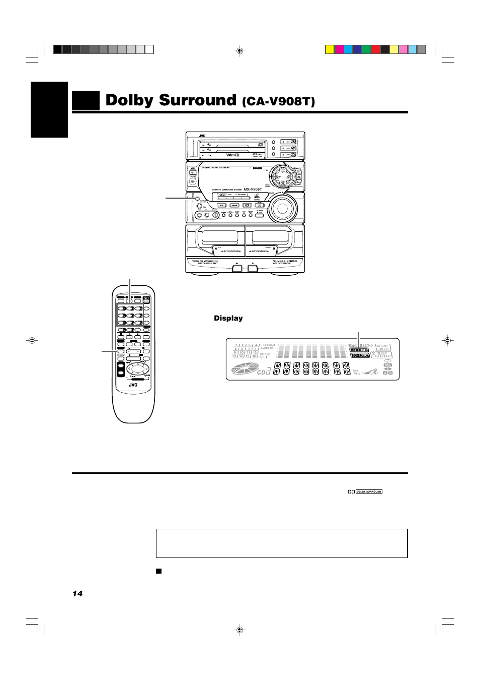 Dolby surround, Ca-v908t), 14 english | Display, Pro logic / 3ch logic | JVC CA-V908T User Manual | Page 18 / 58