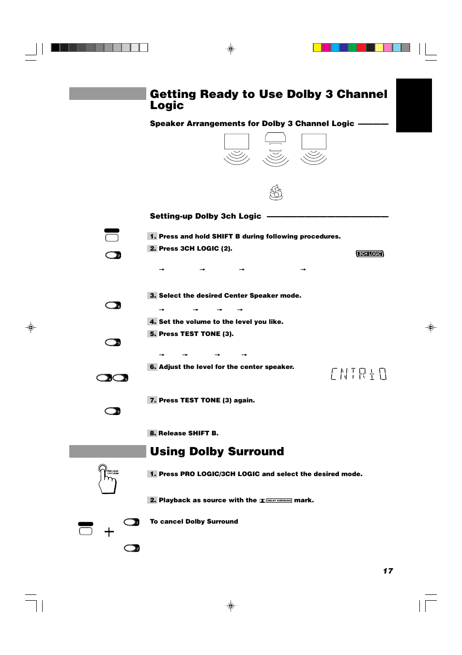 Getting ready to use dolby 3 channel logic, Using dolby surround, 17 english | JVC CA-V908T User Manual | Page 21 / 58