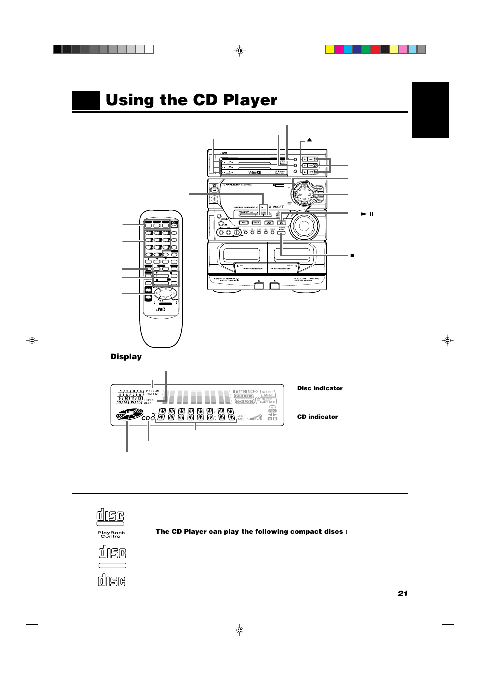 Using the cd player, 21 english, Display | The cd player can play the following compact discs, Vcd number, Shift b | JVC CA-V908T User Manual | Page 25 / 58