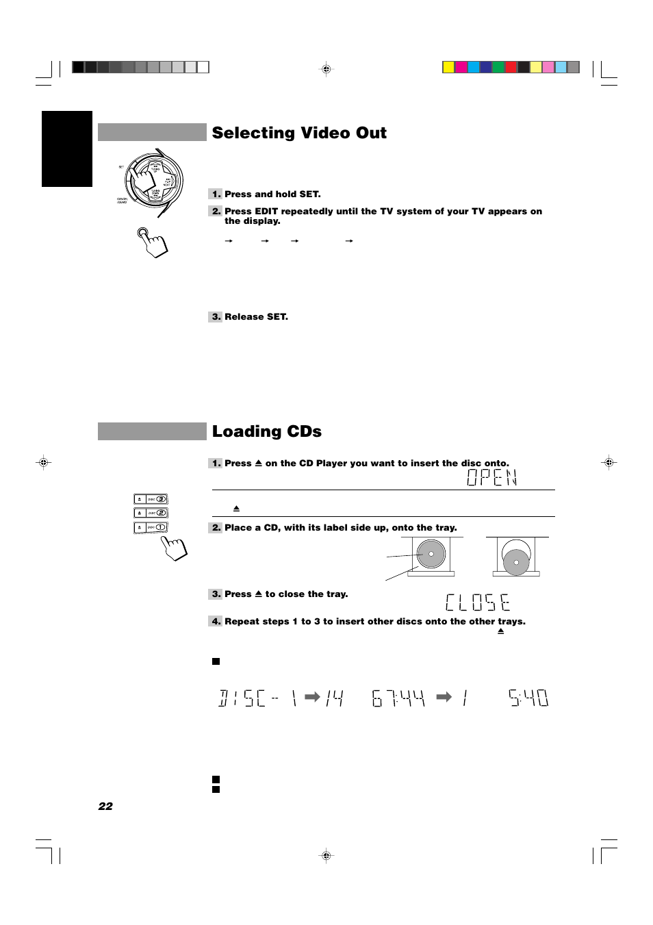 Selecting video out, Loading cds | JVC CA-V908T User Manual | Page 26 / 58