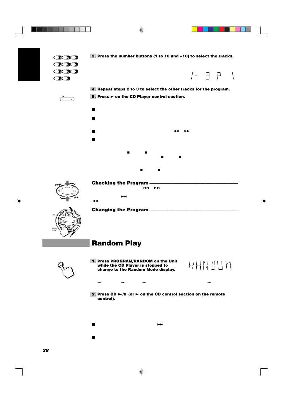 Random play, 28 english, Checking the program | Changing the program | JVC CA-V908T User Manual | Page 32 / 58