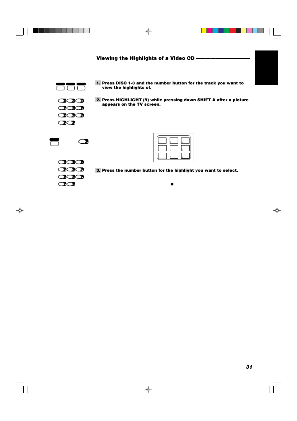 31 english viewing the highlights of a video cd | JVC CA-V908T User Manual | Page 35 / 58