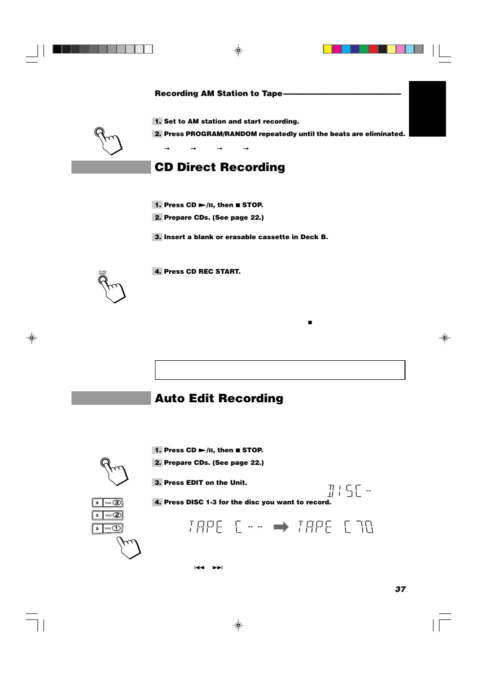 Cd direct recording, Auto edit recording | JVC CA-V908T User Manual | Page 41 / 58