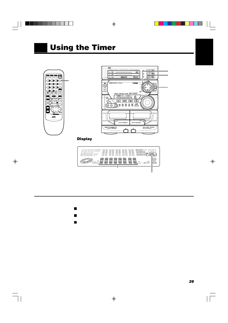 Using the timer, 39 english, Display | Multi control set | JVC CA-V908T User Manual | Page 43 / 58
