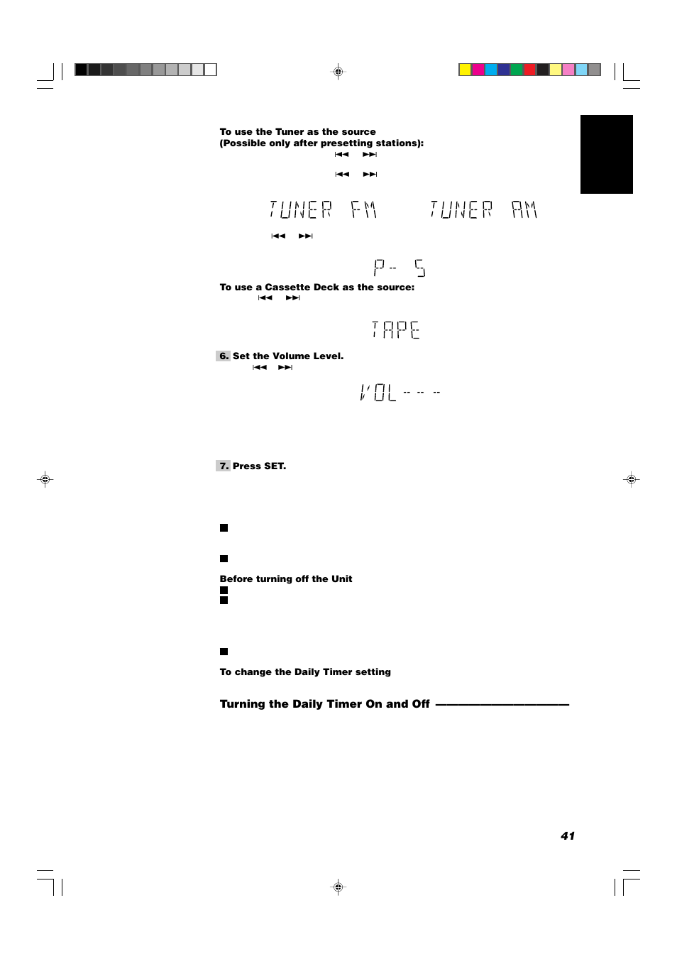 41 english, Turning the daily timer on and off | JVC CA-V908T User Manual | Page 45 / 58