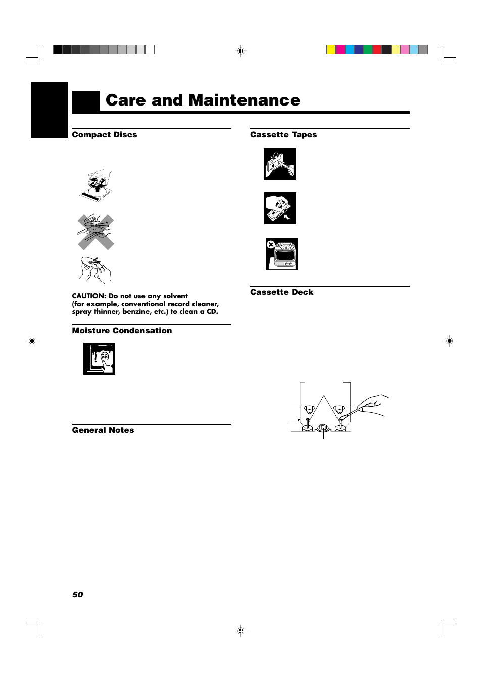 Care and maintenance, 50 english, Compact discs | Moisture condensation, Cassette tapes, Cassette deck | JVC CA-V908T User Manual | Page 54 / 58