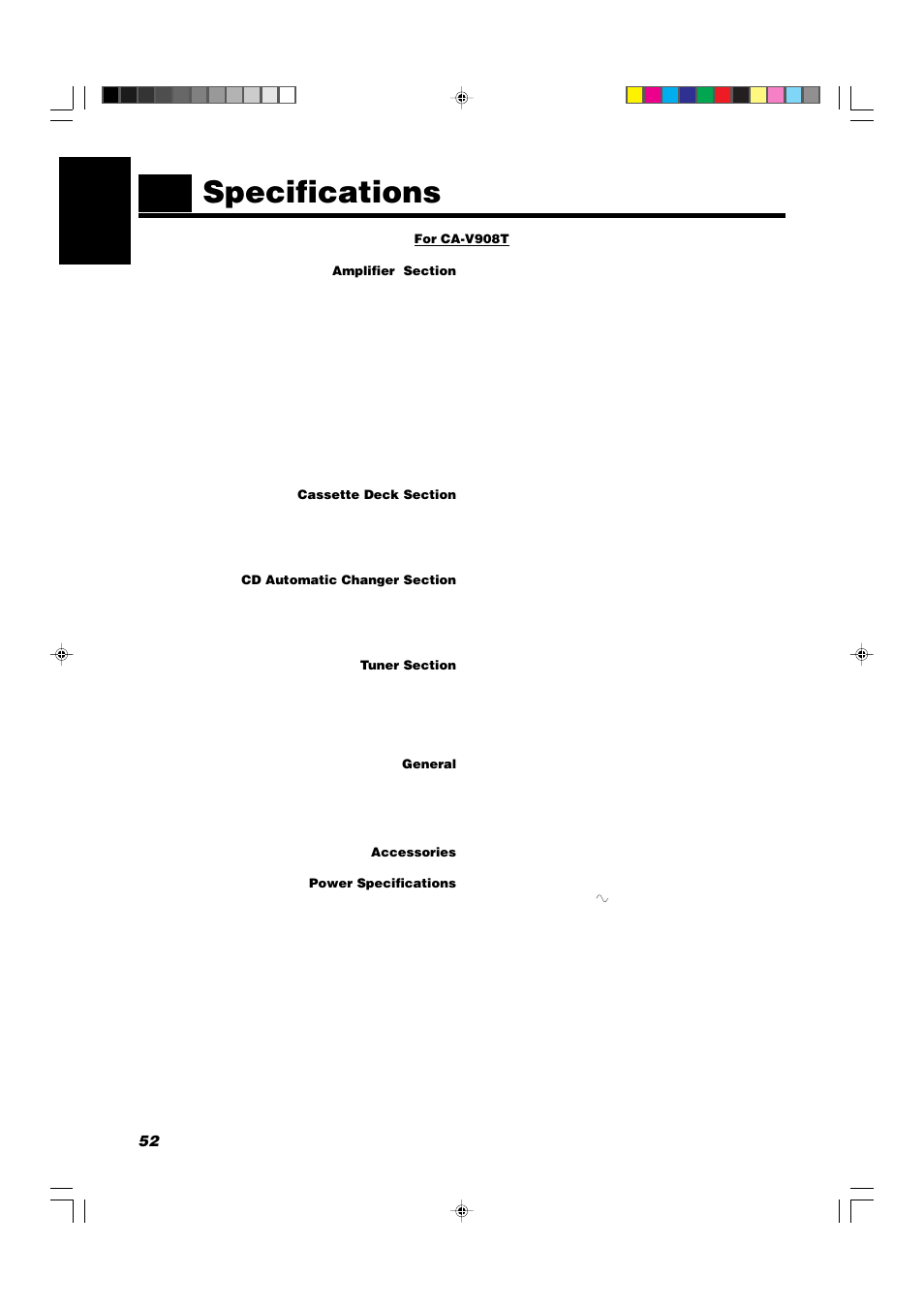 Specifications, 52 english | JVC CA-V908T User Manual | Page 56 / 58