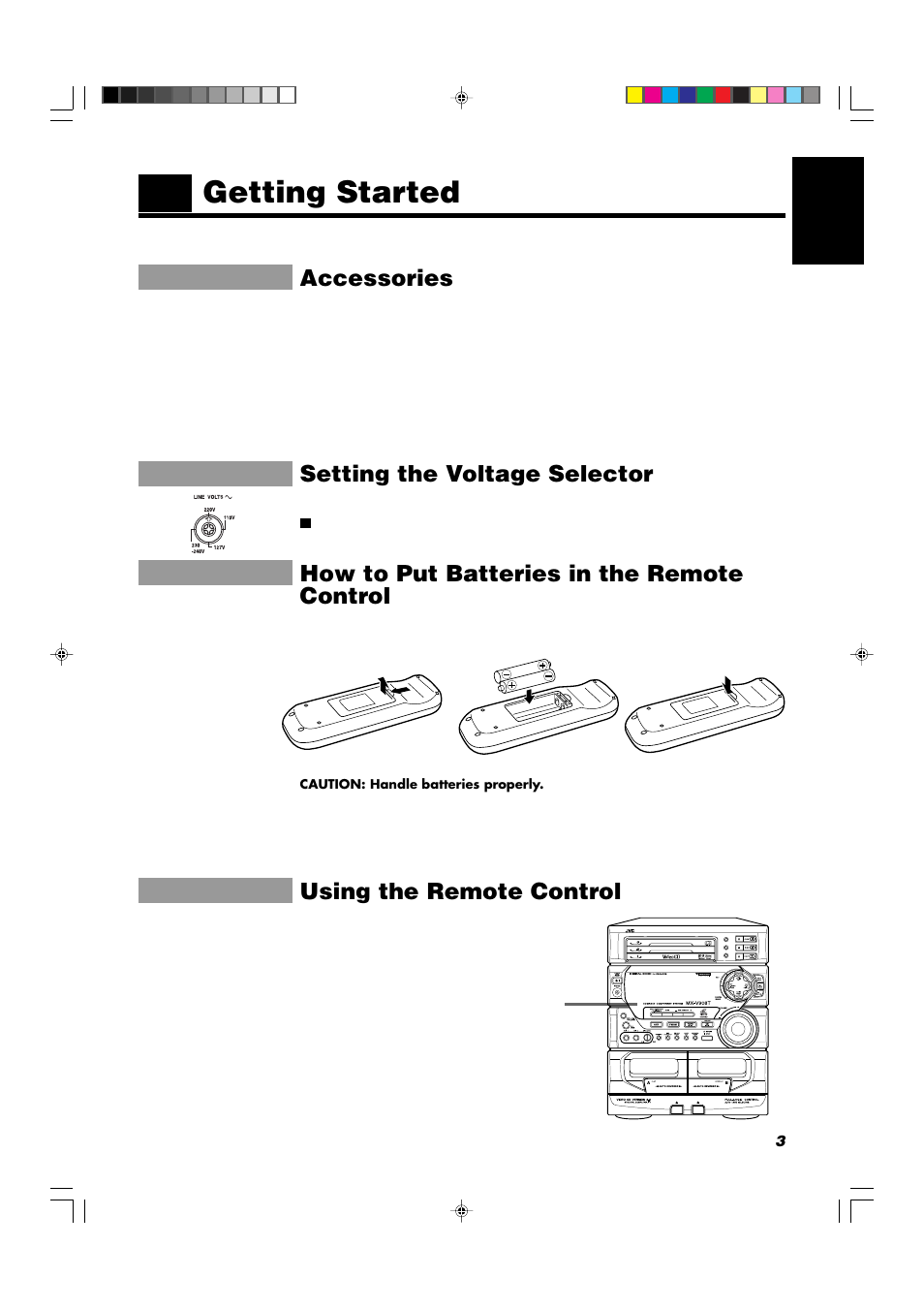 Getting started, Accessories, Setting the voltage selector | How to put batteries in the remote control, Using the remote control | JVC CA-V908T User Manual | Page 7 / 58