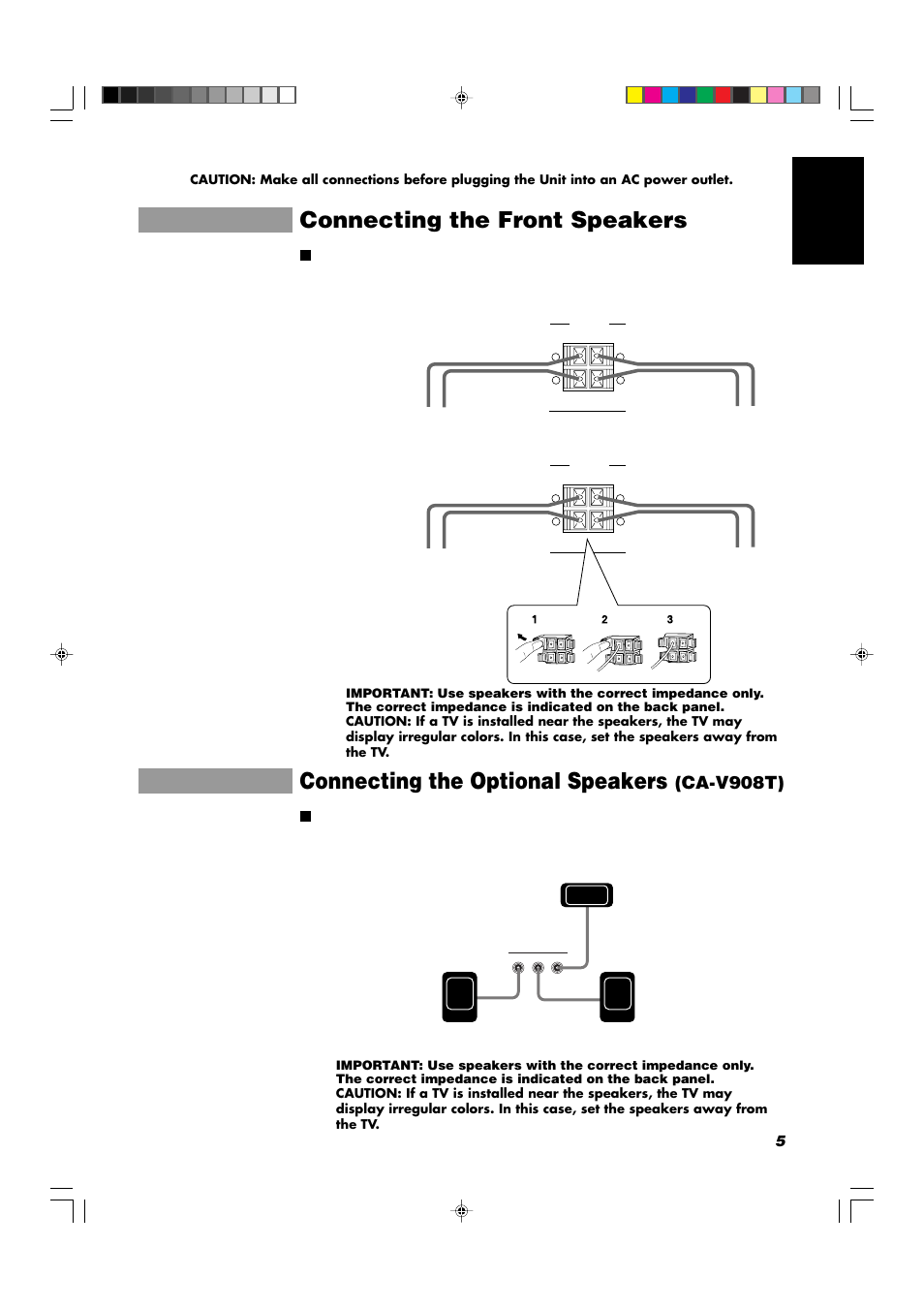 Connecting the front speakers, Connecting the optional speakers, Ca-v908t) | 5english | JVC CA-V908T User Manual | Page 9 / 58