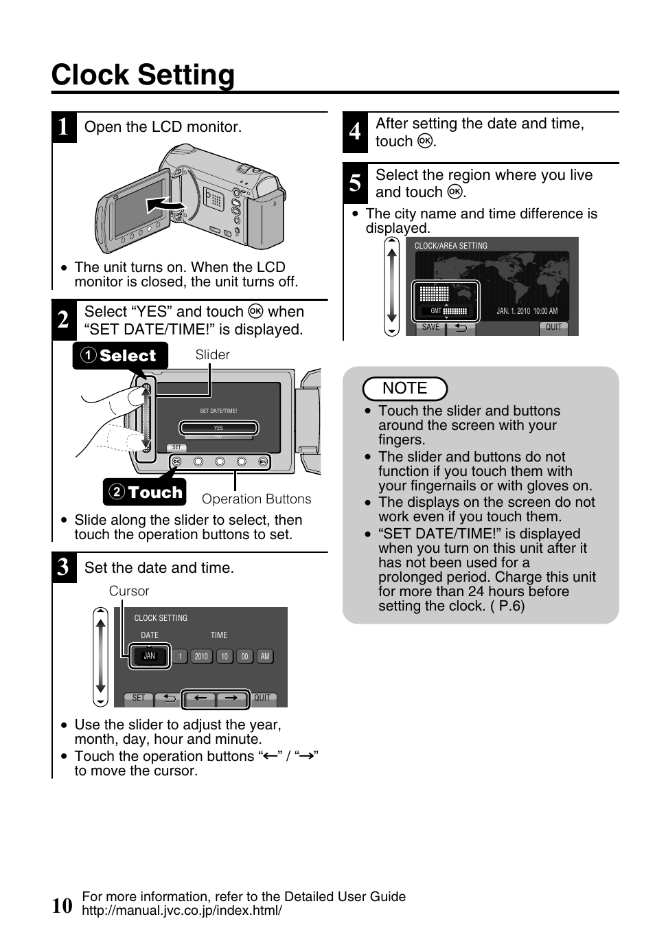 Clock setting, Select 1 touch 2 | JVC Everio GZ-HM340U User Manual | Page 10 / 96