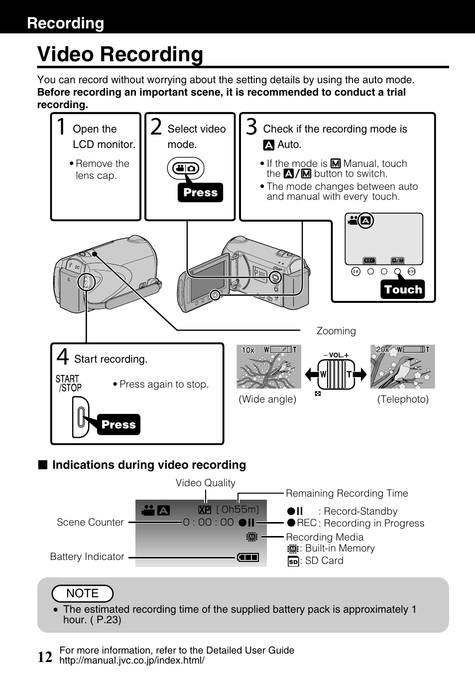 Recording, Video recording, Zoom/volume lever ( p.12, p.14) | Button ( p.12), Recording 12 | JVC Everio GZ-HM340U User Manual | Page 12 / 96