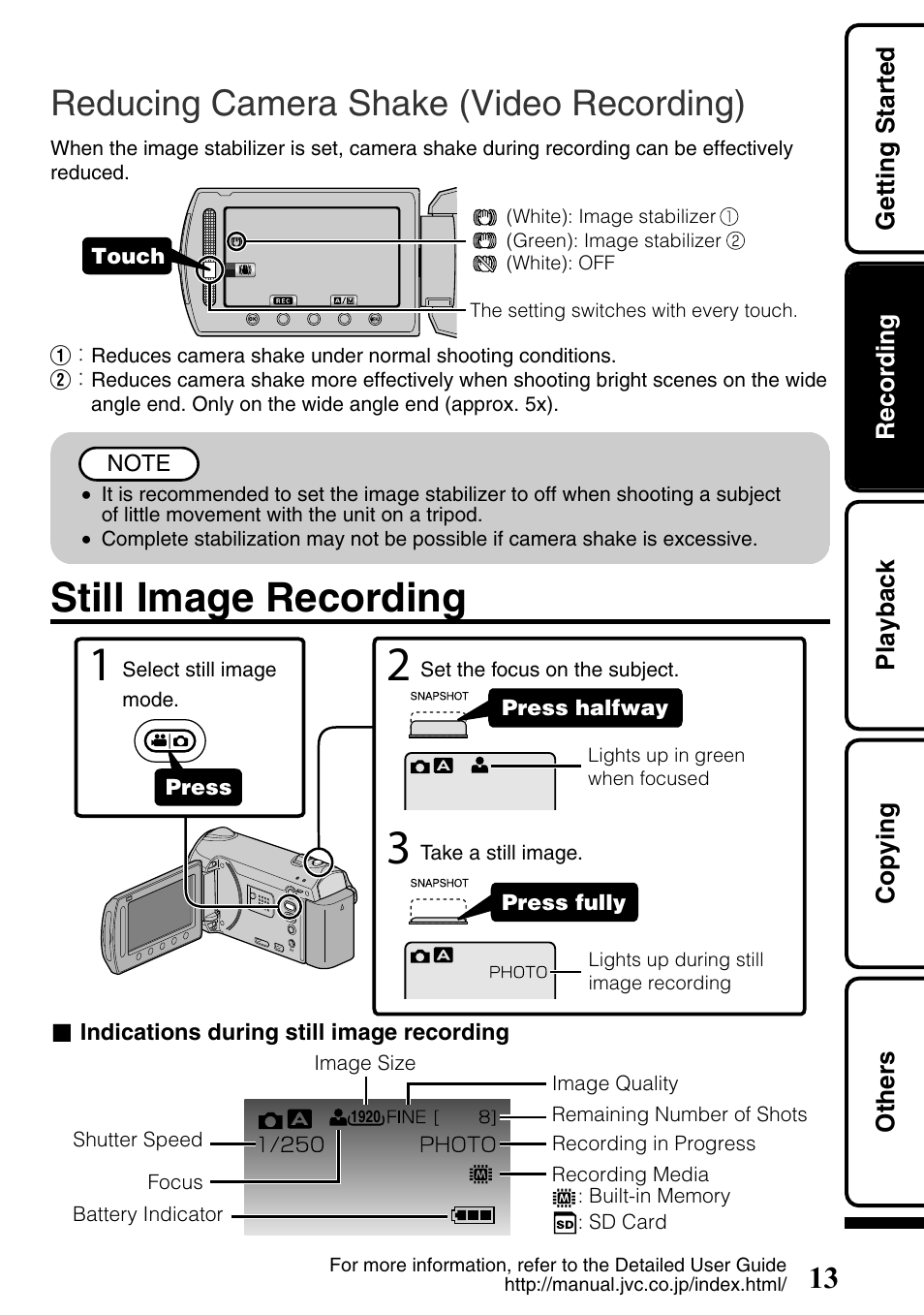 Reducing camera shake (video recording), Still image recording, Button ( p.13) | JVC Everio GZ-HM340U User Manual | Page 13 / 96