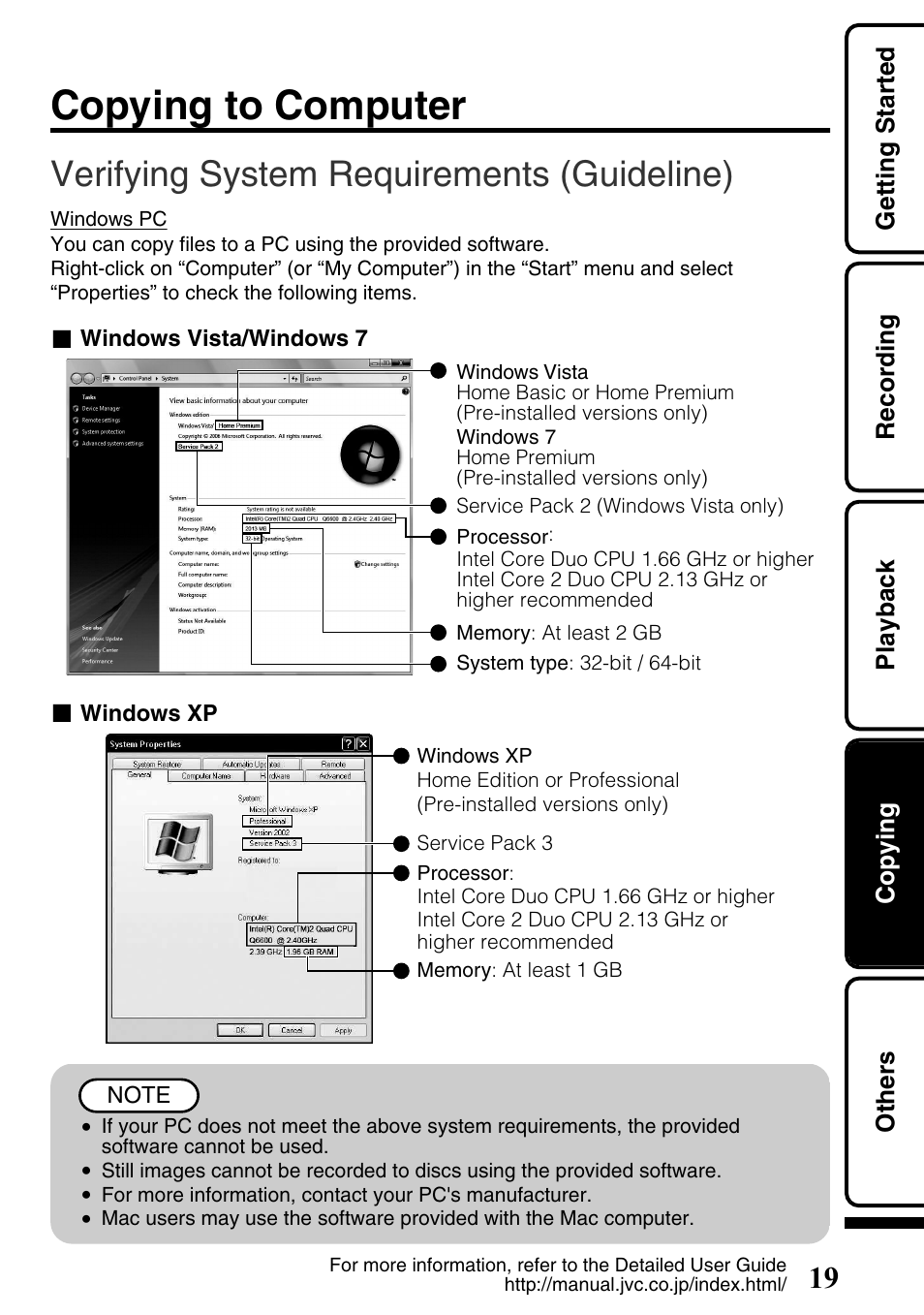 Copying to computer, Verifying system requirements (guideline) | JVC Everio GZ-HM340U User Manual | Page 19 / 96